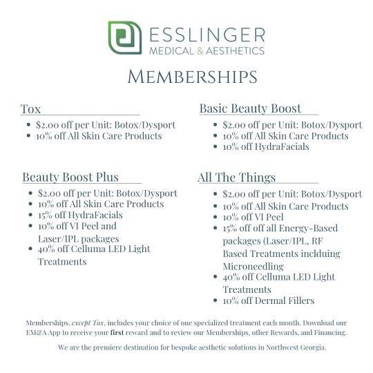 Image of the different membership options at Esslinger Medical & Aesthetics. Call for more info.